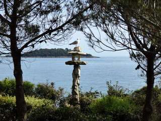 Curious sea gull on a stone pile on St Andrew island watching the open sea, Croatia