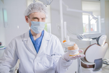 doctor dentist holds in his hand the layout of the teeth
