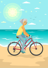 Fototapeta premium Senior woman on bike with basket. Elderly woman cycling on the summer sea beach. Healthy lifestyle, sport, transportation concept vector illustration.