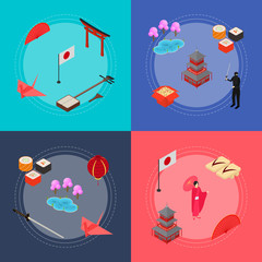 Fototapeta premium Symbol of Japan Banner Card Set Isometric View. Vector