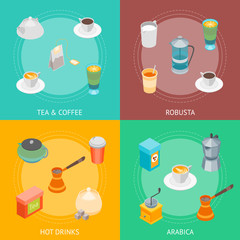 Tea and Coffee Banner Card Set 3d Isometric View. Vector