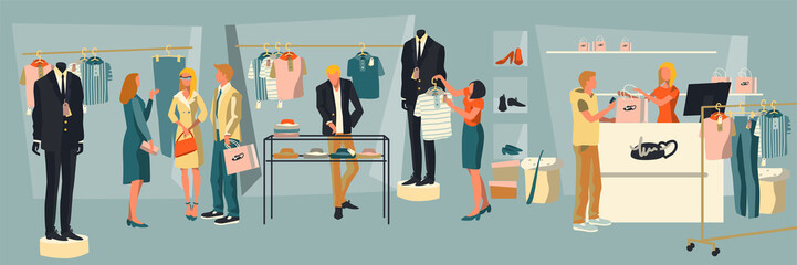 Shopping people interior. People make a purchase in the clothing store. Illustration in flat style for banner background. Vector illustration
