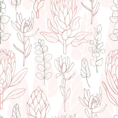 Hand-drawn flowers protea and eucalyptus.  Vector  seamless pattern