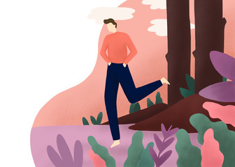 The man is walking in the forest