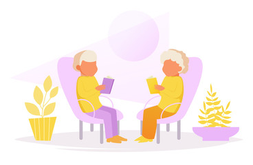 Grandparents sit in chairs and read