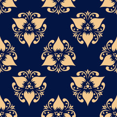 Golden floral seamless pattern on blue background