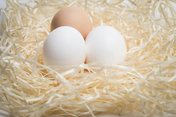 Three chicken eggs lie in a nest of straw, shot close-up