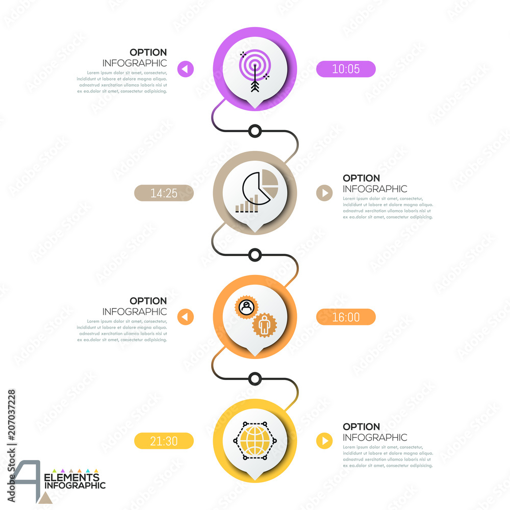 Poster infographic design template, diagram with 4 circular elements successively connected by lines