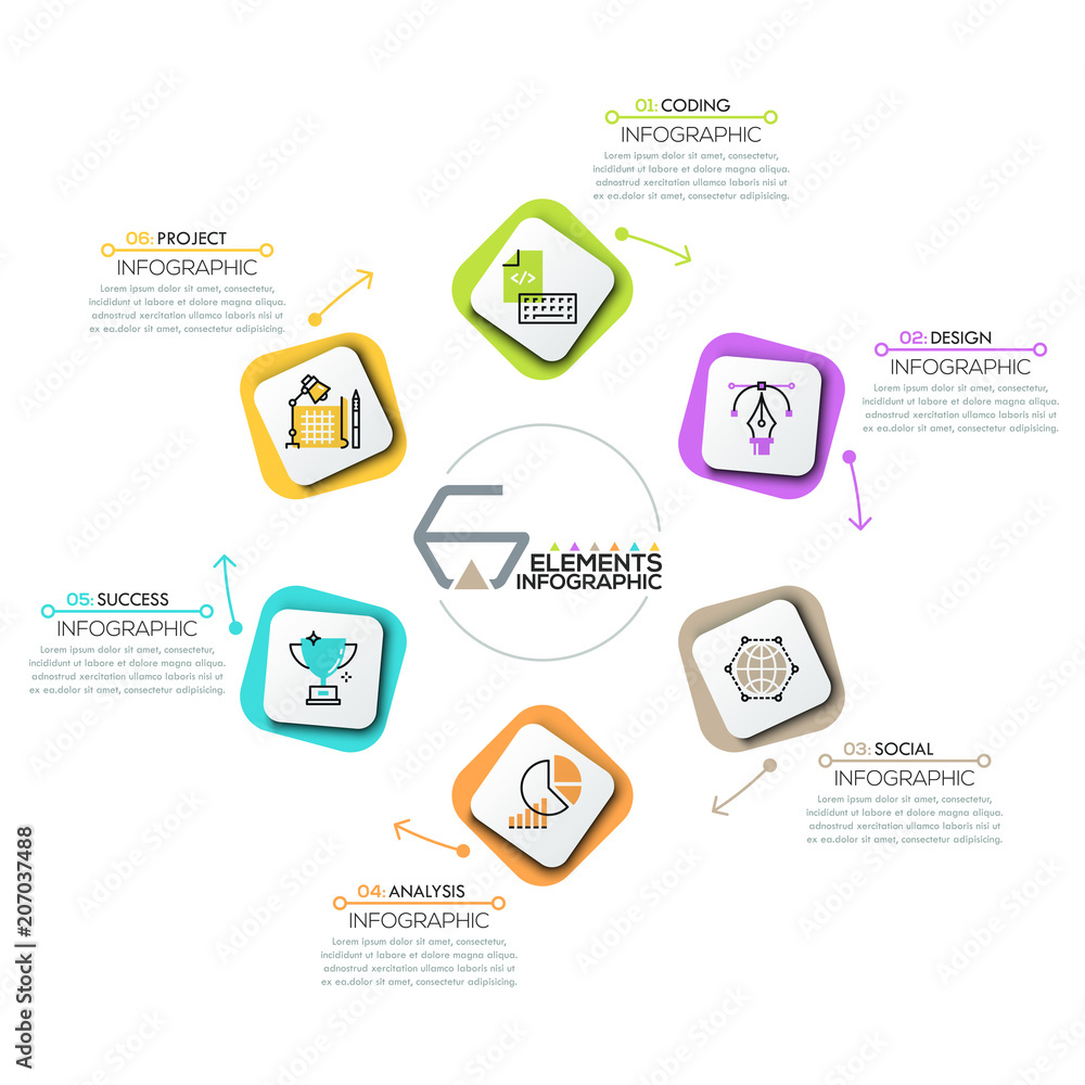 Aufkleber circular diagram, 6 rounded rectangles with icons in thin line style