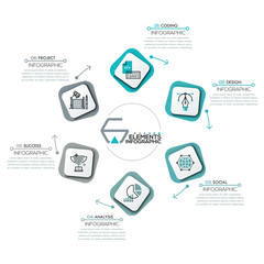 Circular diagram, 6 rounded rectangles with icons in thin line style