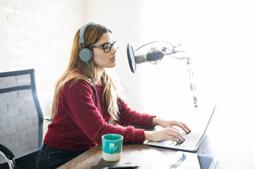 Female doing online podcast