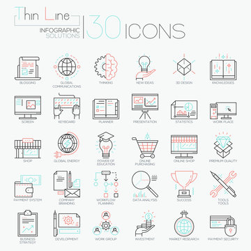 Collection of 30 modern icons in thin line style