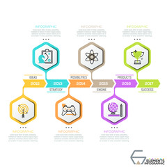Horizontal timeline, 6 hexagons with thin line icons