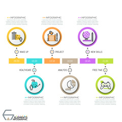 Horizontal timeline, 6 round elements with thin line icons