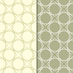 Olive green geometric ornaments. Set of seamless patterns