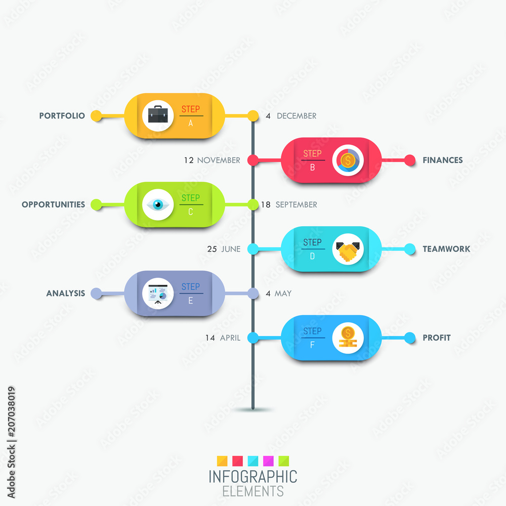Poster infographic design layout with vertical timeline and 6 colorful rounded elements