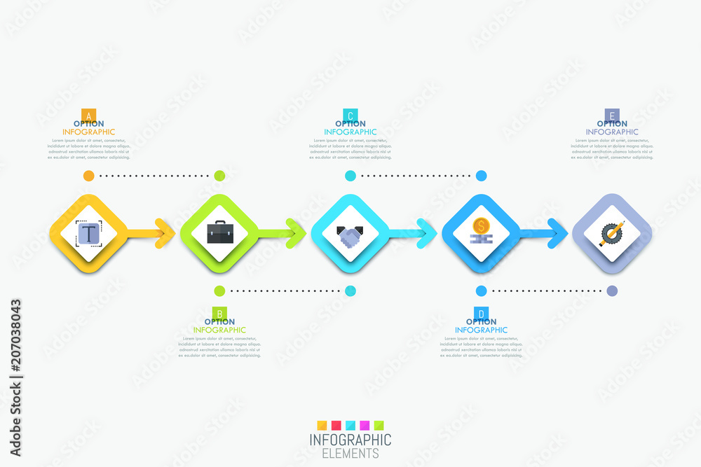 Poster infographic design template with 5 colorful square elements