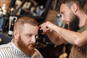 Barber and bearded man in barber shop