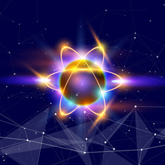 atom - a symbolic image of an elementary particle against a background of deep space with stars & constellations. In the foreground - a digital information wave, symbolizing big data