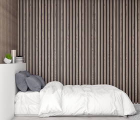 Mock up poster frame in bedroom interior background with wood wall planks, 3D illustration