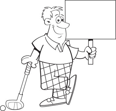 Black and white illustration of a golfer holding a sign while leaning on a golf club.