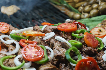 Assorted delicious grilled meat with vegetables over the coals on a barbecue