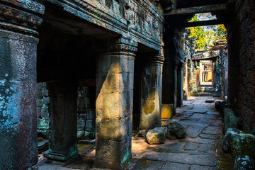 Mysterious interior of Banteay Kdei Temple in Angkor Wat complex in Cambodia