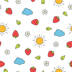 Summer strawberry seamless pattern with blossoms and sun