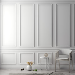 Mock up poster frame in interior background with classic wall, 3D illustration