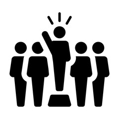 Leader Icon vector male public speaker person symbol for leadership with raised hand in glyph pictogram illustration