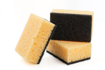 Three yellow sponge for kitchen isolated on white background.