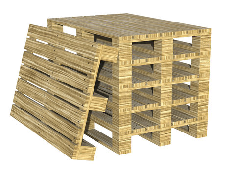 Euro pallets stacked. Warehousing wooden pallets. 3d illustration.