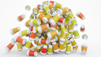 Collapsing pile of coffee to go cups - 3D Rendering