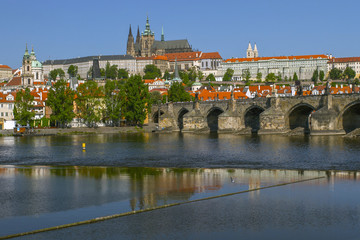Panoramic View on Old Town , Prague Castle Saint Vitus Cathedra. The bridge over the Vltava River in the sunny Morning. Prague, Czech Republic . European travel. 