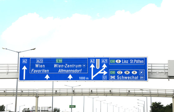 Road sign of the Austrian highway to go to many countries includ