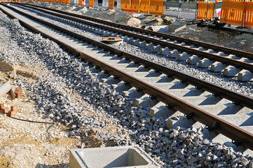 Obraz premium tramway tracks on cement sleepers at construction site