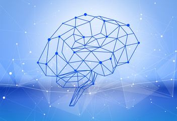 human brain of triangles, lines & dots located on a blue technological background - conceptual illustration symbolizing artificial intelligence & modern biotechnology & HUD interface
