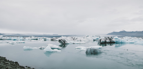 Glacial ice melting on mountais of iceland