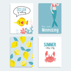 Set of hand drawn summer greeting or journaling cards. Tropical design with lemon fruit, fish, ocral reef, crab and marmaid tail . Summer vacation, ocean concept. Vector illustrations.