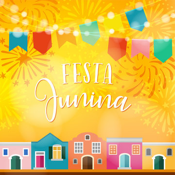 Festa junina, Brazilian june party. Latin American holiday. Vector illustration background with garland of flags, colorful houses and fireworks.