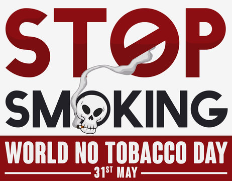 Skull Smoking and Forbidden Signal for No Tobacco Day, Vector Illustration
