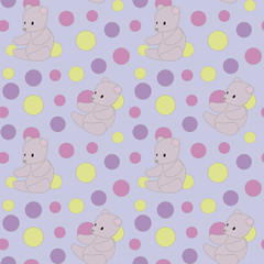 light purple cute baby vector seamless pattern with multi-colored balls and gray soft bears toys background