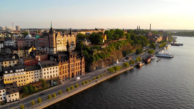 Aerial view of Sodermalarstrand and Mariaberget on Sodermalm in central Stockholm, Sweden