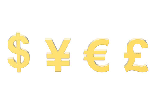 3D illustration isolated gold yen dollar euro pound money