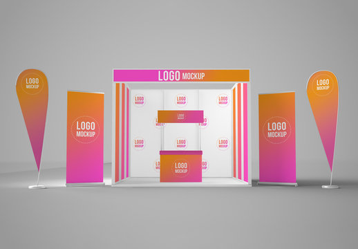 Exhibition Stand with Rollers and Flags Mockup