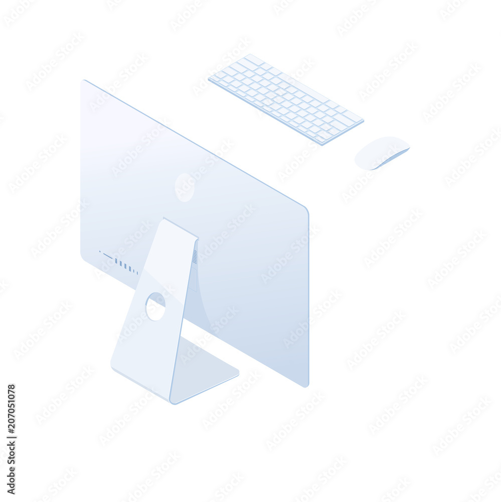 Poster isometric desktop computer with keyboard, mouse and back side screen in white body isolated on white
