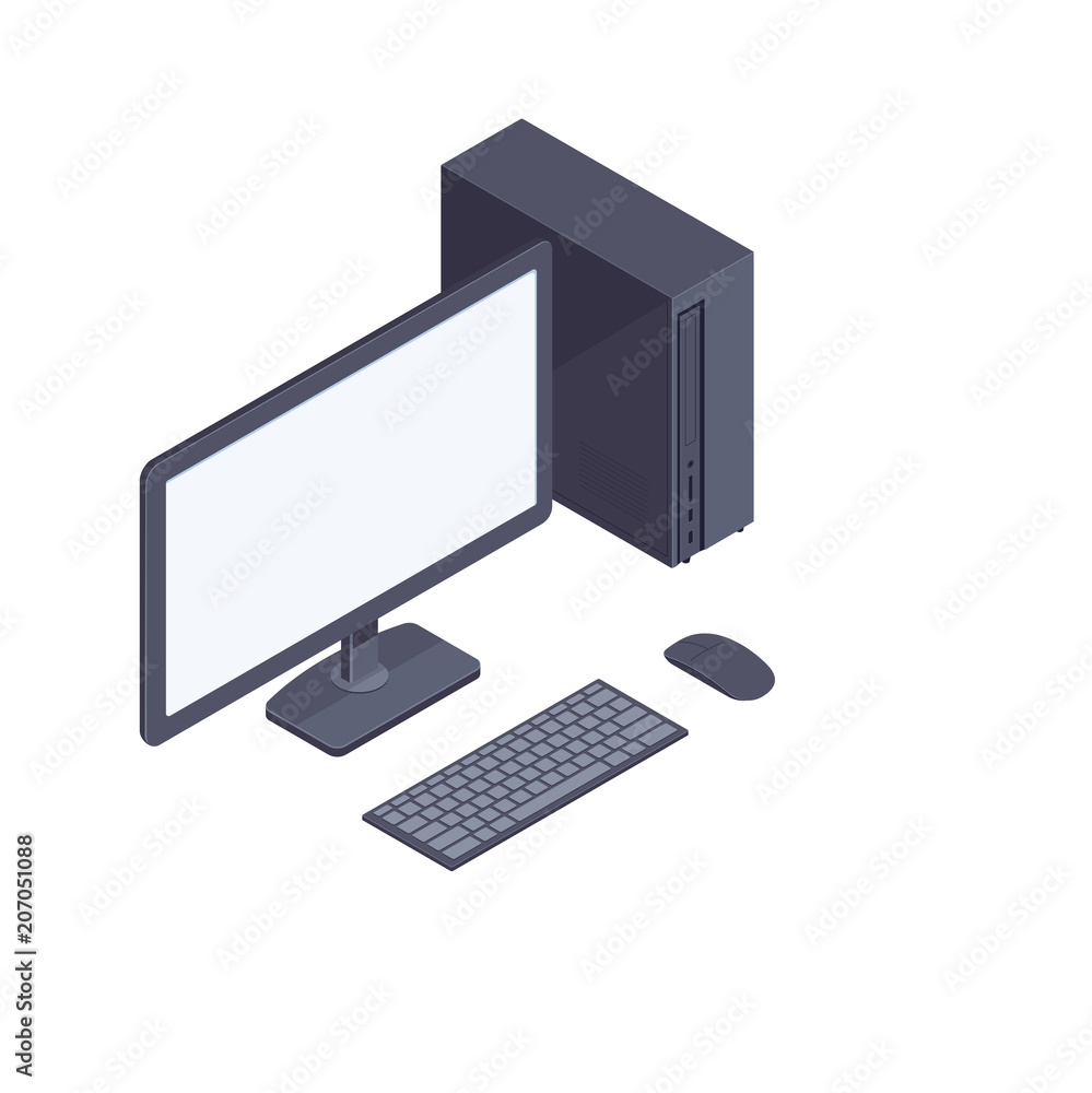 Wall mural isometric desktop computer with keyboard, mouse, system unit and blank display in black body isolate