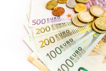 Euro money: closeup of banknotes and coins