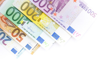 Euro cash. Many Euro banknotes of different values.