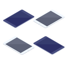 Isometric set of digital tablets isolated illustration. Technology and computing design elements. Horizontally oriented tablet pads with black and white frames vector 3d cartoon on white background.